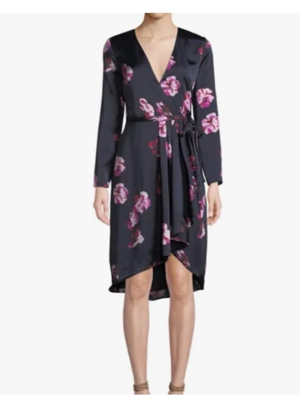 Joie Black Wrap Dress with Pink Floral Print
